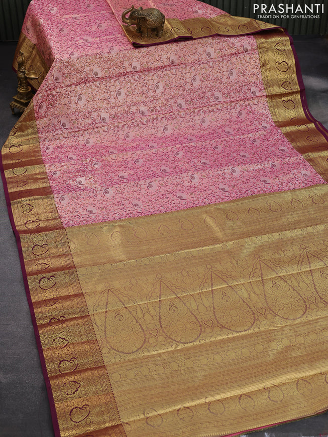 Tissue semi kanjivaram saree light pink and purple with allover brocade weaves and zari woven border