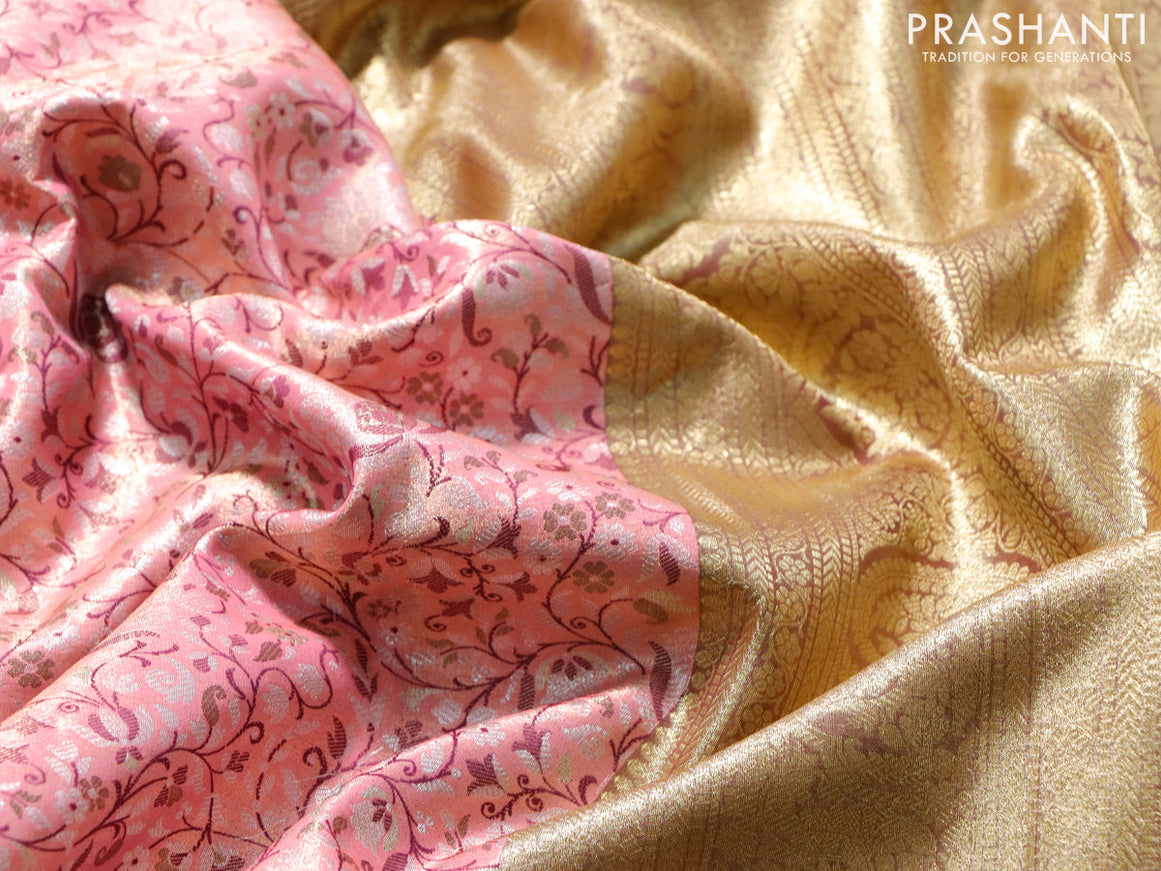 Tissue semi kanjivaram saree light pink and purple with allover brocade weaves and zari woven border