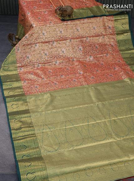 Tissue semi kanjivaram saree orange and green with allover brocade weaves and zari woven border