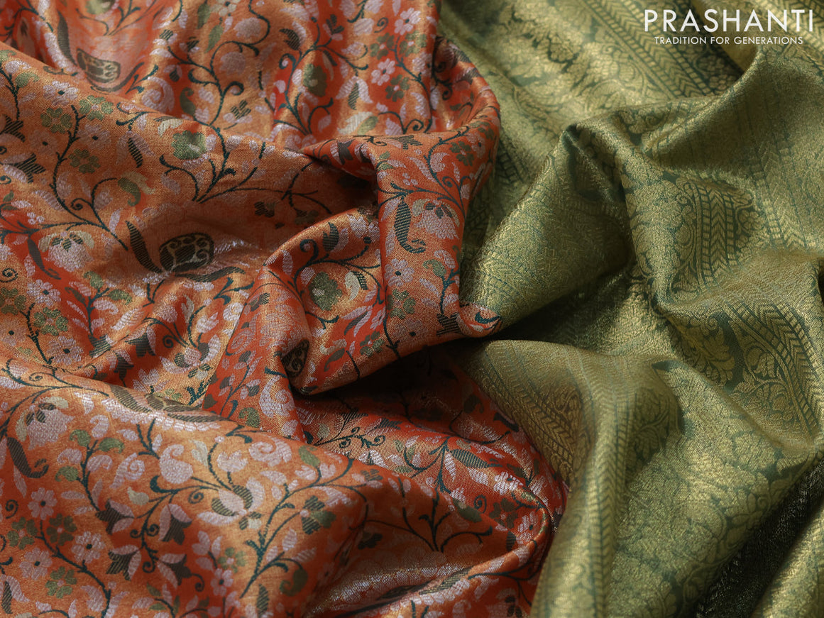 Tissue semi kanjivaram saree orange and green with allover brocade weaves and zari woven border