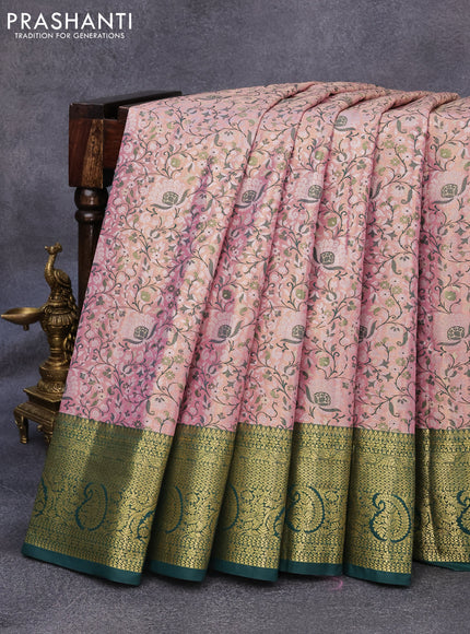 Tissue semi kanjivaram saree peach pink and green with allover brocade weaves and zari woven border