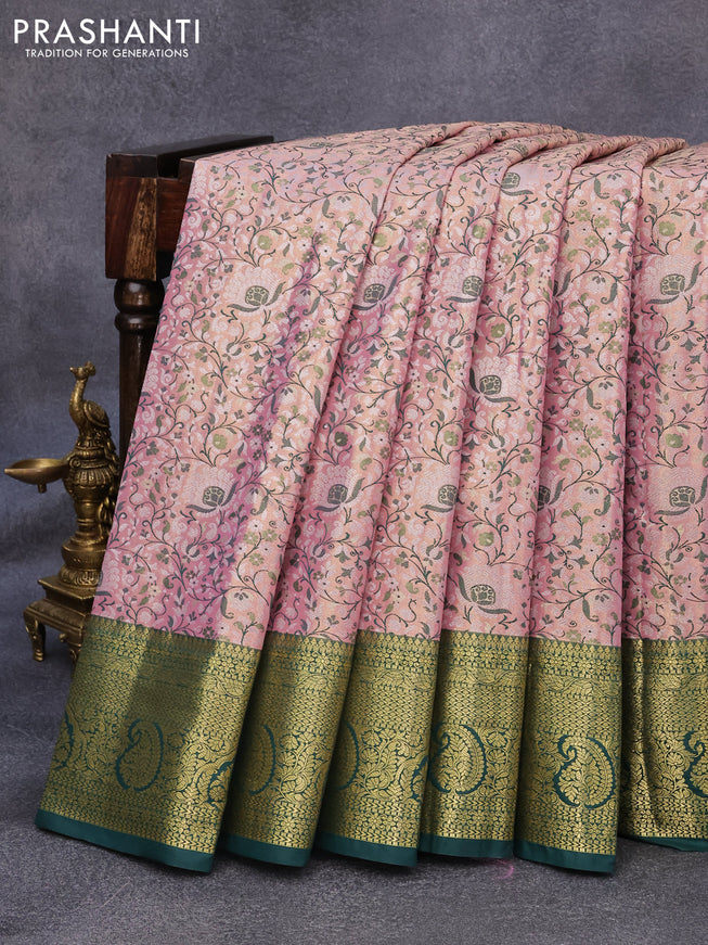 Tissue semi kanjivaram saree peach pink and green with allover brocade weaves and zari woven border