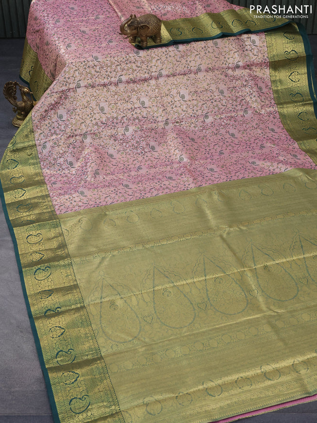 Tissue semi kanjivaram saree peach pink and green with allover brocade weaves and zari woven border