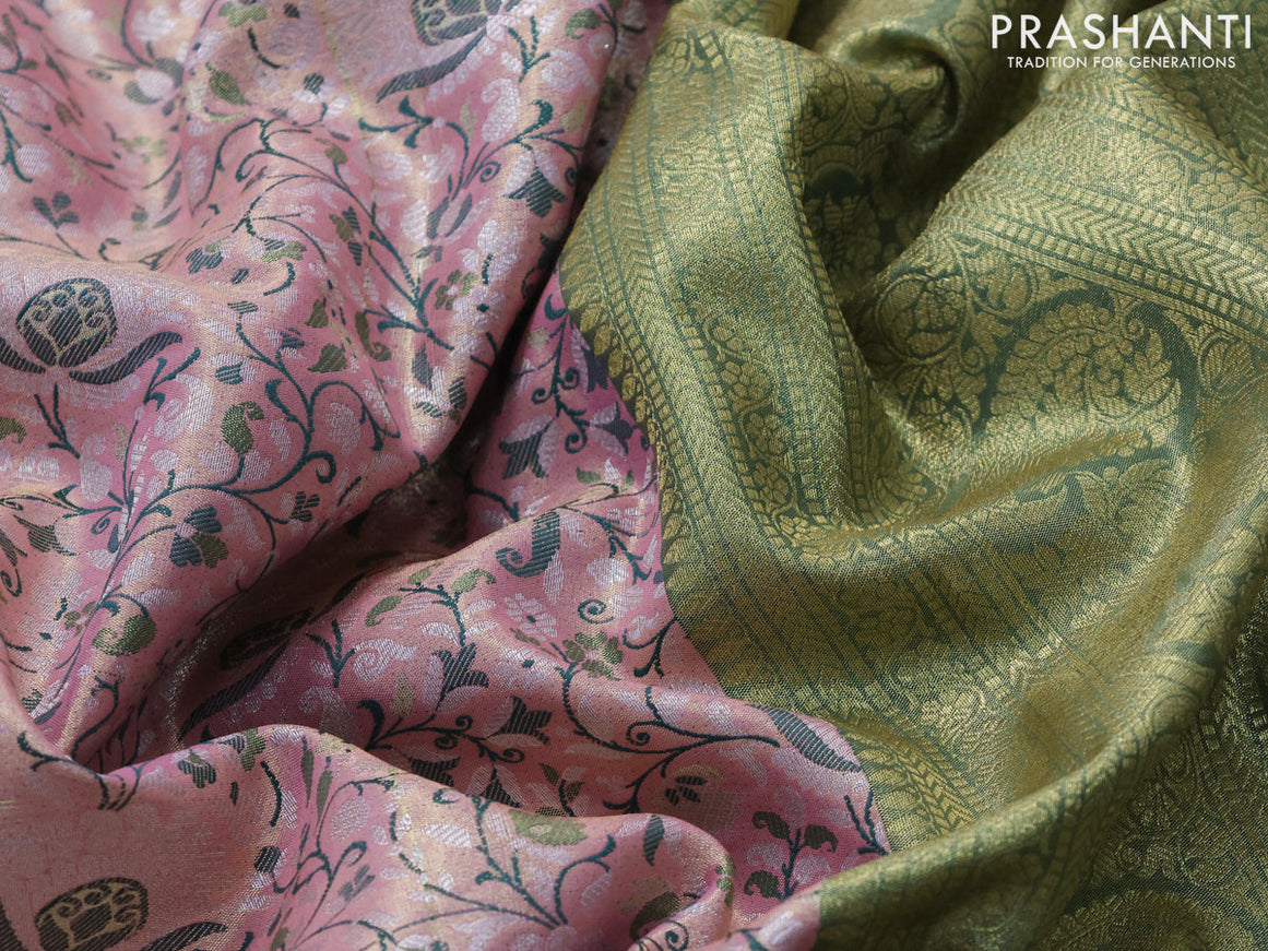 Tissue semi kanjivaram saree peach pink and green with allover brocade weaves and zari woven border