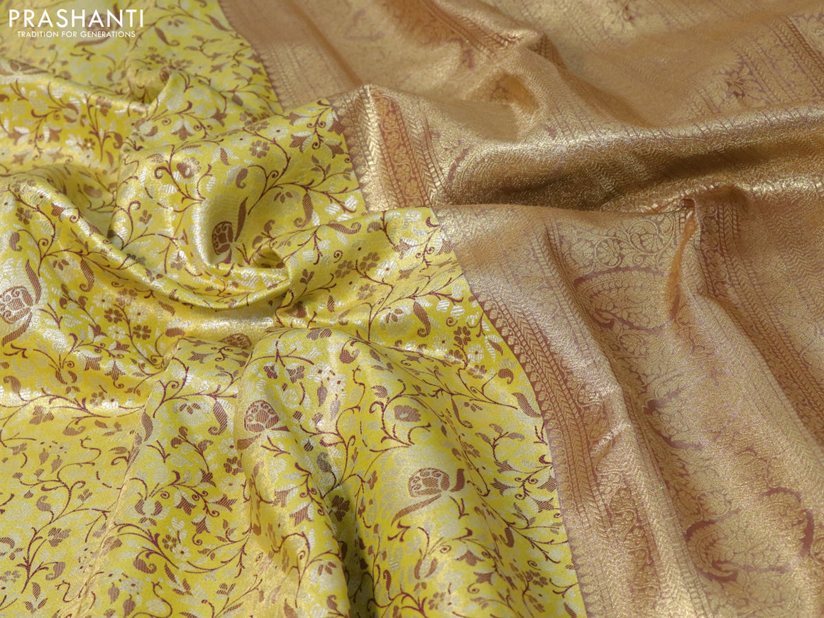 Tissue semi kanjivaram saree lime yellow and purple with allover brocade weaves and zari woven border