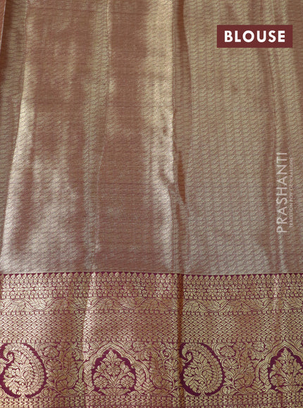 Tissue semi kanjivaram saree lime yellow and purple with allover brocade weaves and zari woven border