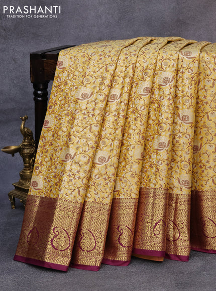 Tissue semi kanjivaram saree yellow and purple with allover brocade weaves and zari woven border