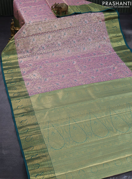 Tissue semi kanjivaram saree peach pink and teal green with allover brocade weaves and zari woven border