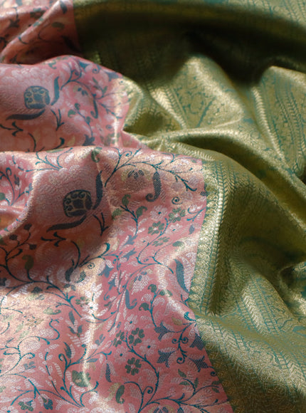 Tissue semi kanjivaram saree peach pink and teal green with allover brocade weaves and zari woven border