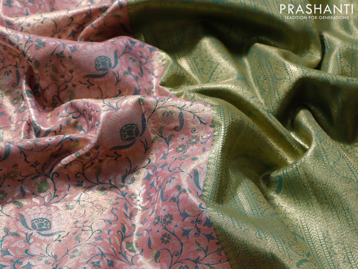 Tissue semi kanjivaram saree peach pink and teal green with allover brocade weaves and zari woven border