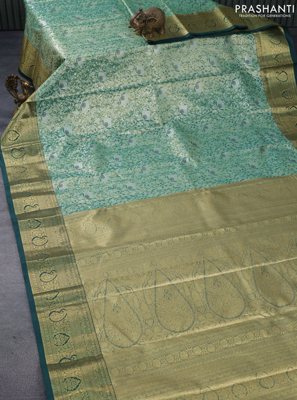 Tissue semi kanjivaram saree teal green and green with allover brocade weaves and zari woven border