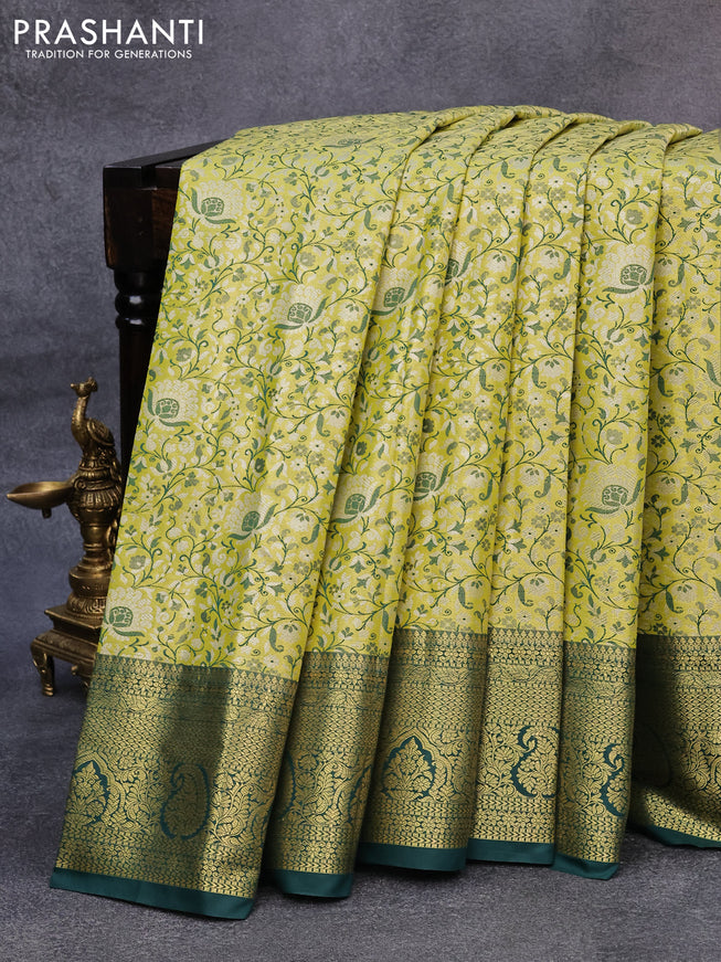 Tissue semi kanjivaram saree lime yellow and green with allover brocade weaves and zari woven border