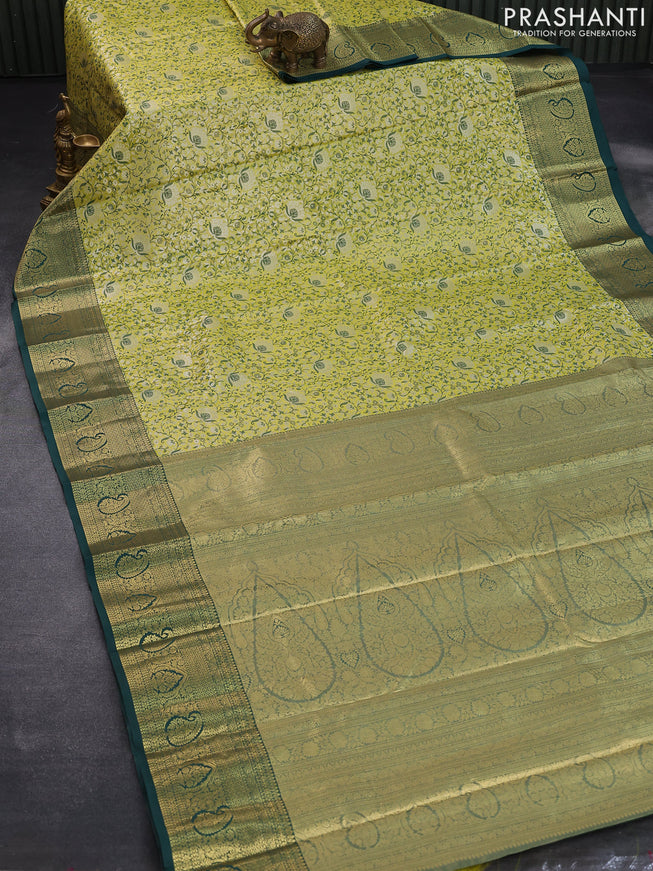 Tissue semi kanjivaram saree lime yellow and green with allover brocade weaves and zari woven border