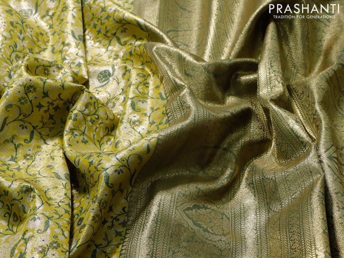 Tissue semi kanjivaram saree lime yellow and green with allover brocade weaves and zari woven border