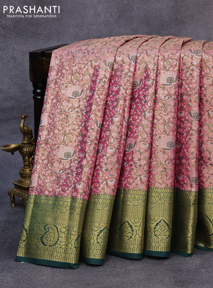 Tissue semi kanjivaram saree pink shade and green with allover brocade weaves and zari woven border