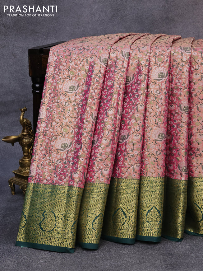 Tissue semi kanjivaram saree pink shade and green with allover brocade weaves and zari woven border