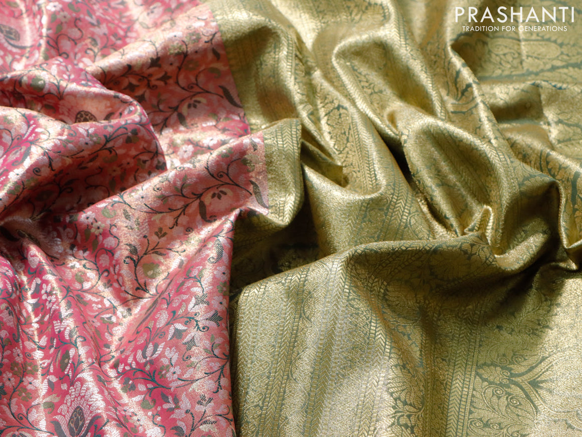 Tissue semi kanjivaram saree pink shade and green with allover brocade weaves and zari woven border