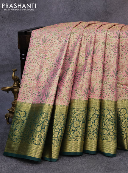 Tissue semi kanjivaram saree cream pink shade and green with allover brocade weaves and long floral zari woven border