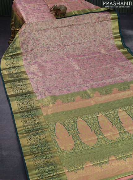 Tissue semi kanjivaram saree cream pink shade and green with allover brocade weaves and long floral zari woven border