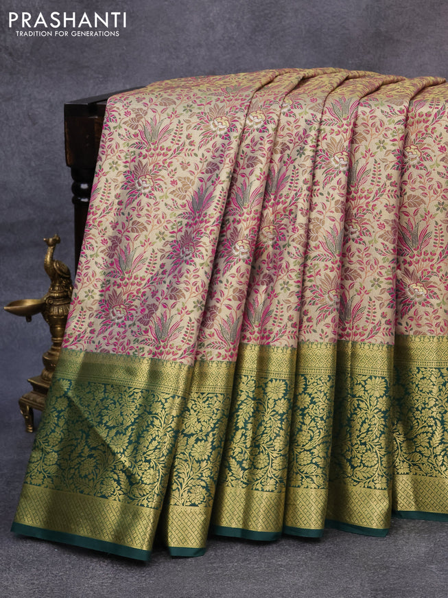 Tissue semi kanjivaram saree cream magenta pink and green with allover brocade weaves and long floral zari woven border