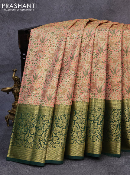 Tissue semi kanjivaram saree gold peach pink and green with allover brocade weaves and long floral zari woven border