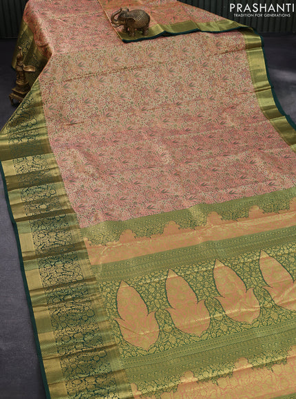 Tissue semi kanjivaram saree gold peach pink and green with allover brocade weaves and long floral zari woven border