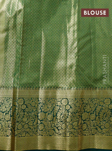 Tissue semi kanjivaram saree gold peach pink and green with allover brocade weaves and long floral zari woven border