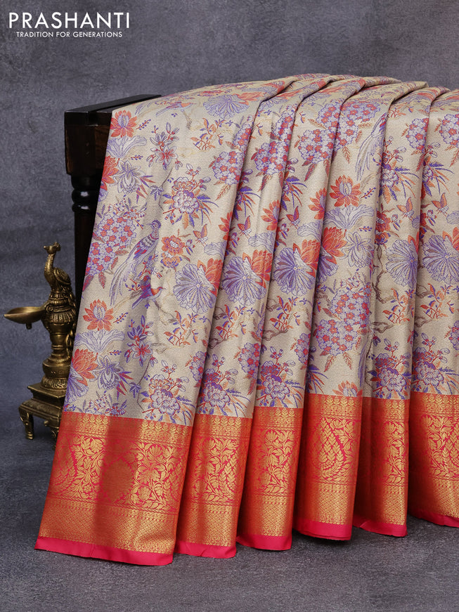 Tissue semi kanjivaram saree beige blue and pink with allover brocade weaves and zari woven border