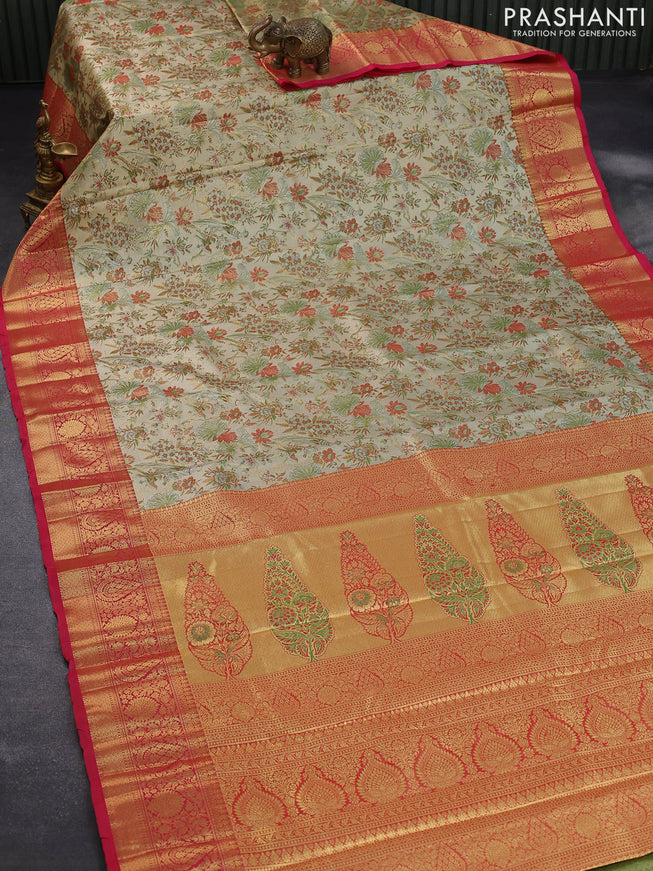 Tissue semi kanjivaram saree beige green and pink with allover brocade weaves and zari woven border