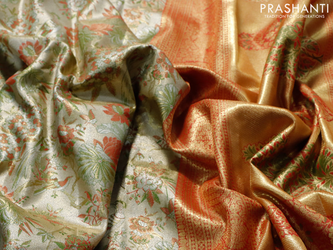 Tissue semi kanjivaram saree beige green and pink with allover brocade weaves and zari woven border