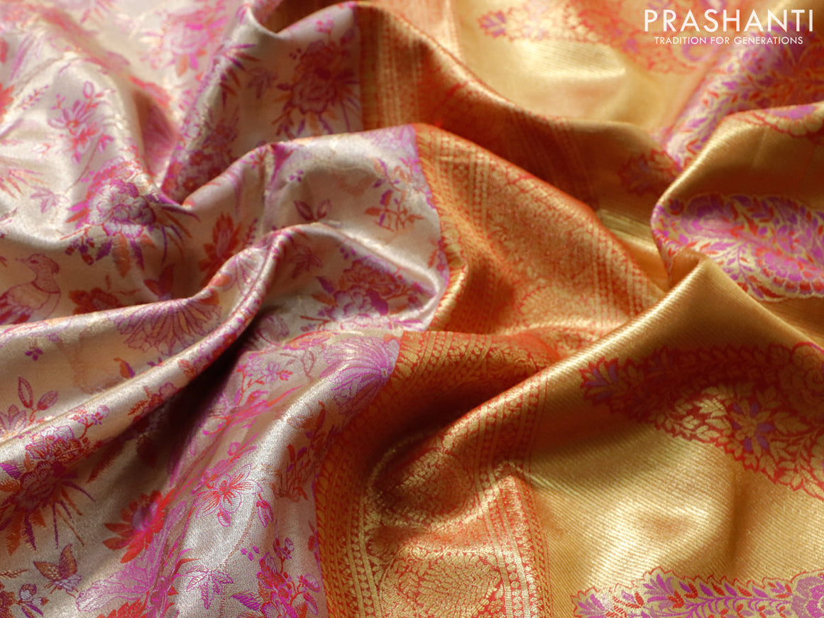 Tissue semi kanjivaram saree beige purple and pink with allover brocade weaves and zari woven border