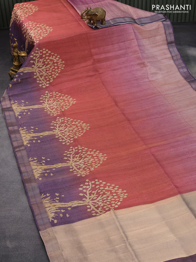 Crushed tissue saree pink shade and deep violet with allover digital prints and zari woven border