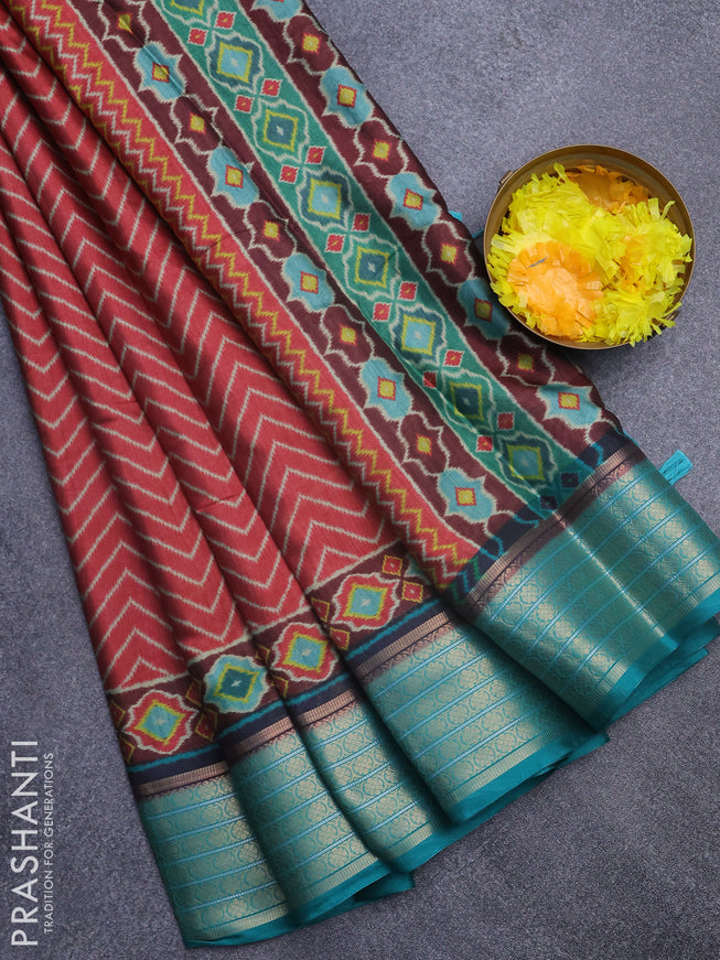 Semi kanchipuram silk saree red and teal green with allover zig zag prints and zari woven border