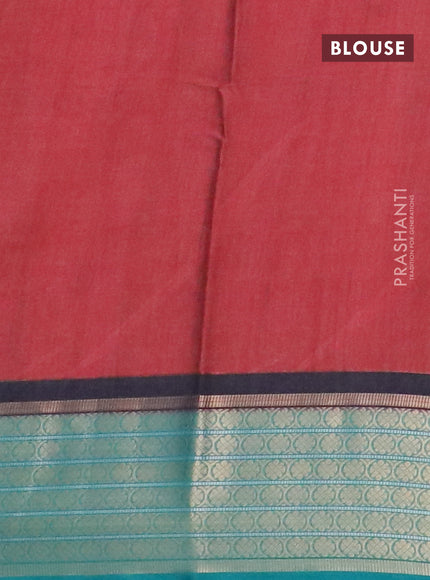 Semi kanchipuram silk saree red and teal green with allover zig zag prints and zari woven border