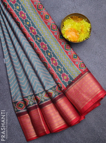 Semi kanchipuram silk saree teal blue and red with allover zig zag prints and zari woven border