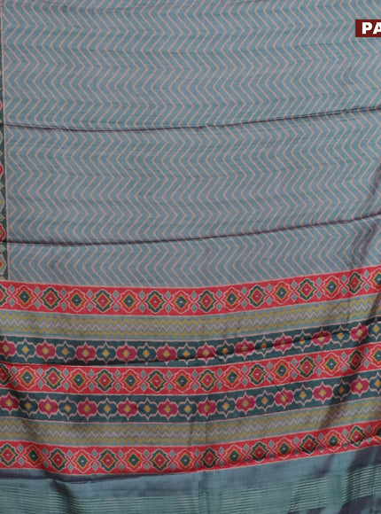 Semi kanchipuram silk saree teal blue and red with allover zig zag prints and zari woven border