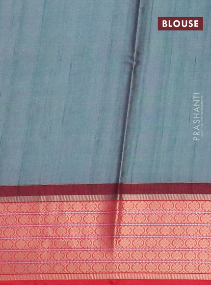 Semi kanchipuram silk saree teal blue and red with allover zig zag prints and zari woven border