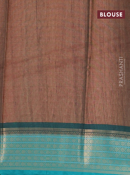 Semi kanchipuram silk saree brown and teal green with allover zig zag prints and zari woven border