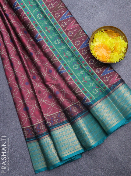 Semi kanchipuram silk saree magenta pink and teal green with allover prints and zari woven border