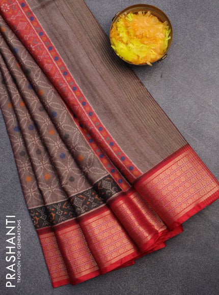 Semi kanchipuram silk saree brown shade and red with allover prints and zari woven border