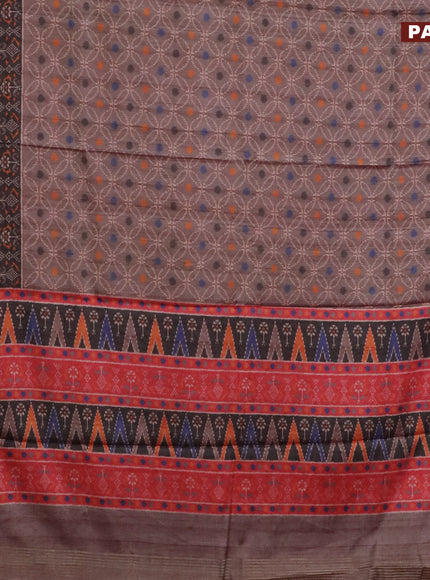 Semi kanchipuram silk saree brown shade and red with allover prints and zari woven border