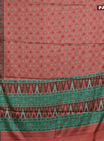 Semi kanchipuram silk saree rust shade and teal green with allover prints and zari woven border