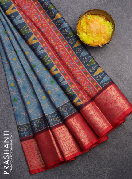 Semi kanchipuram silk saree blue shade and red with allover prints and zari woven border