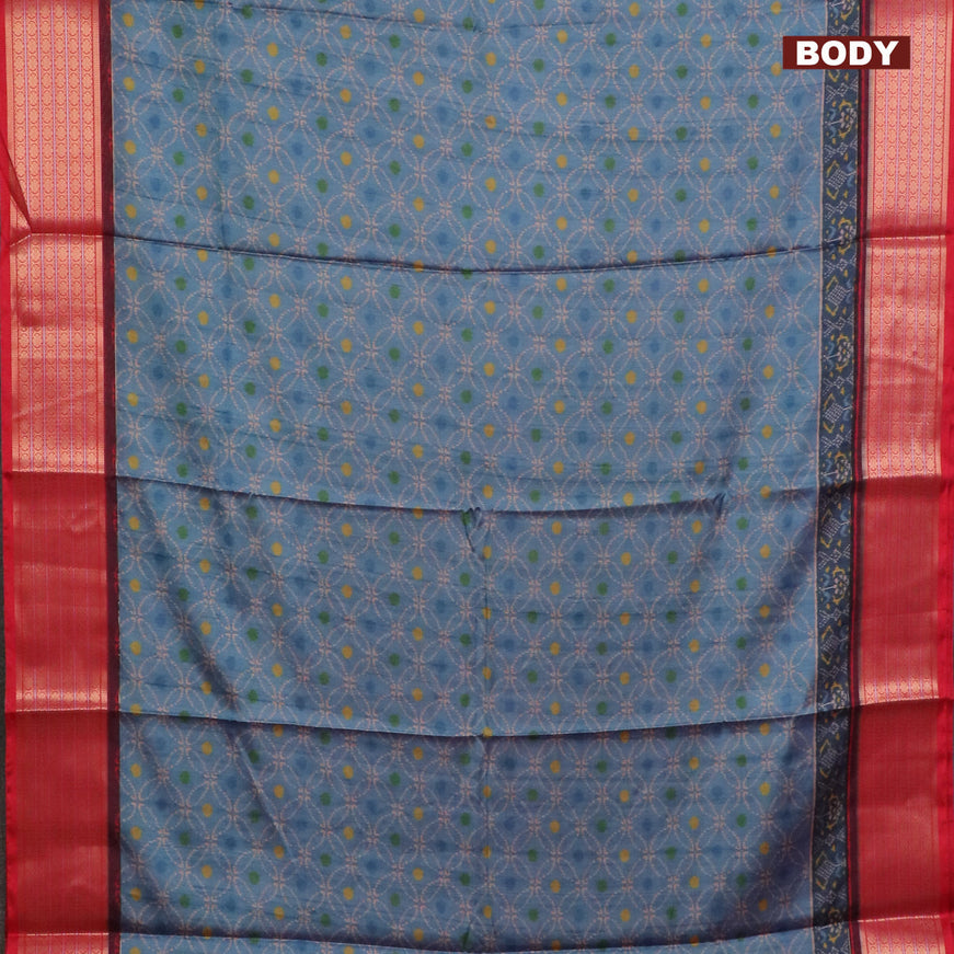 Semi kanchipuram silk saree blue shade and red with allover prints and zari woven border