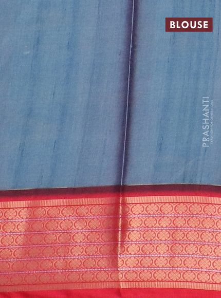 Semi kanchipuram silk saree blue shade and red with allover prints and zari woven border