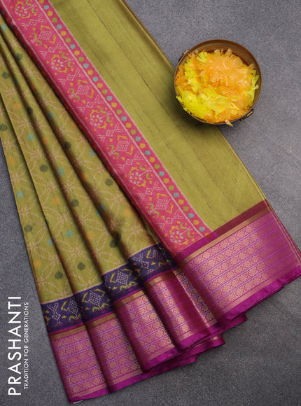 Semi kanchipuram silk saree light green and purple with allover prints and zari woven border