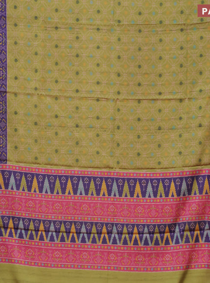 Semi kanchipuram silk saree light green and purple with allover prints and zari woven border