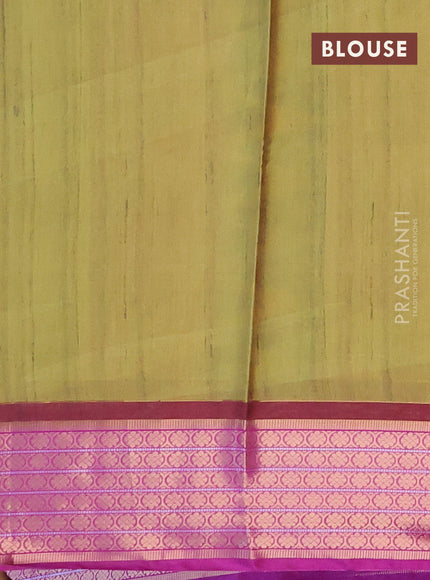 Semi kanchipuram silk saree light green and purple with allover prints and zari woven border