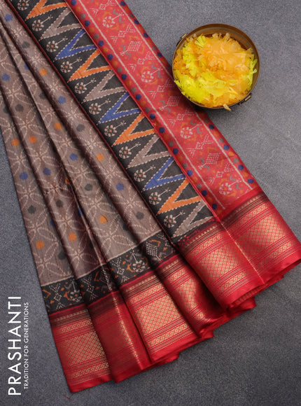 Semi kanchipuram silk saree brown shade and red with allover prints and zari woven border