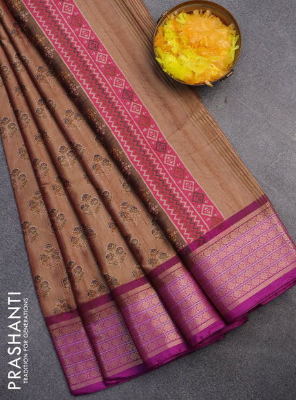 Semi kanchipuram silk saree dark sandal and purple with butta prints and zari woven border